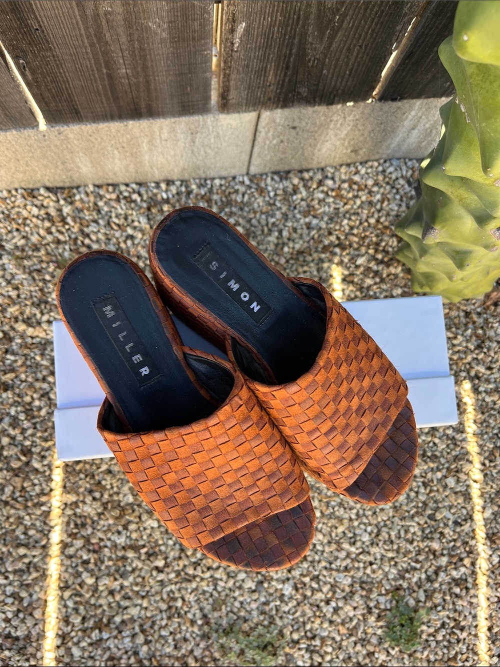SIMON MILLER Blackout Platform Slide Sandals in Burnt Orange Checker for Women - Picture 2 of 4